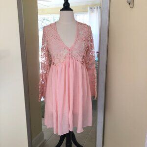Vintage Sheer Pink Lace Dress Size M Bell Sleeves